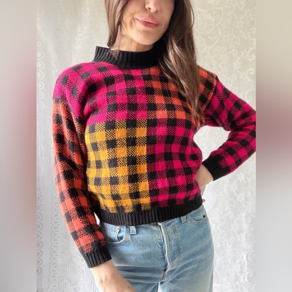 Vintage 80s Buffalo Check Sweater Pink Orange Black Cropped Knit Top - Picture 7 of 11